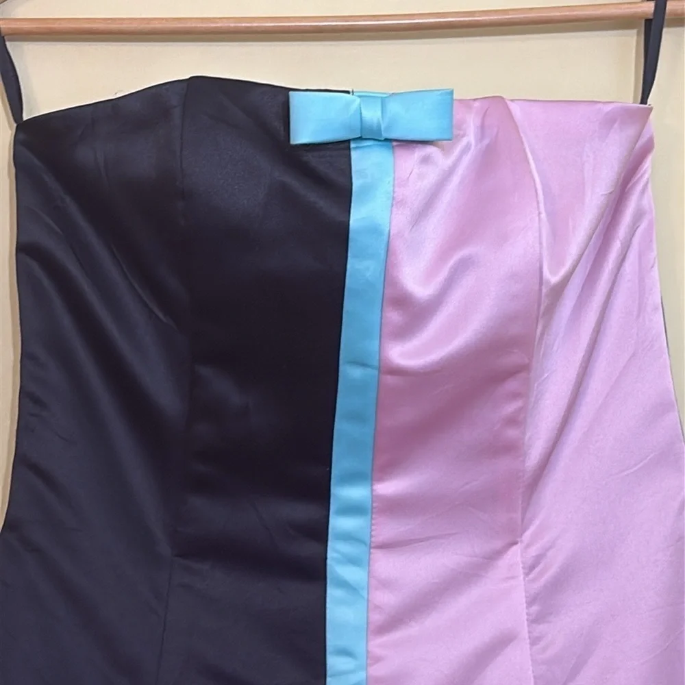 Gunne Sax Vintage Colorblock Black Pink Blue Strapless Alice In Wonderland Dress